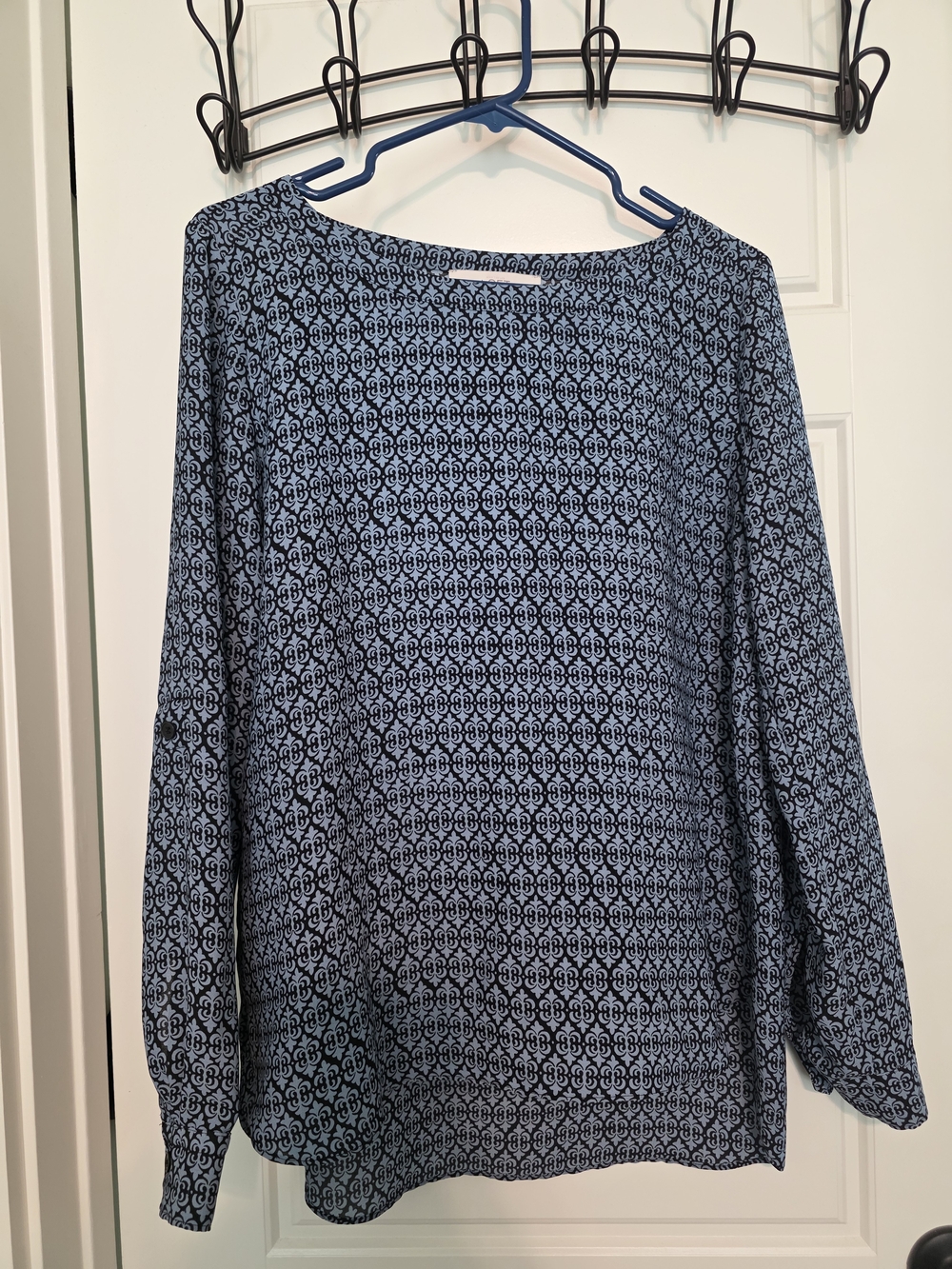 LOFT Blue Printed Long Sleeve Boatneck Top